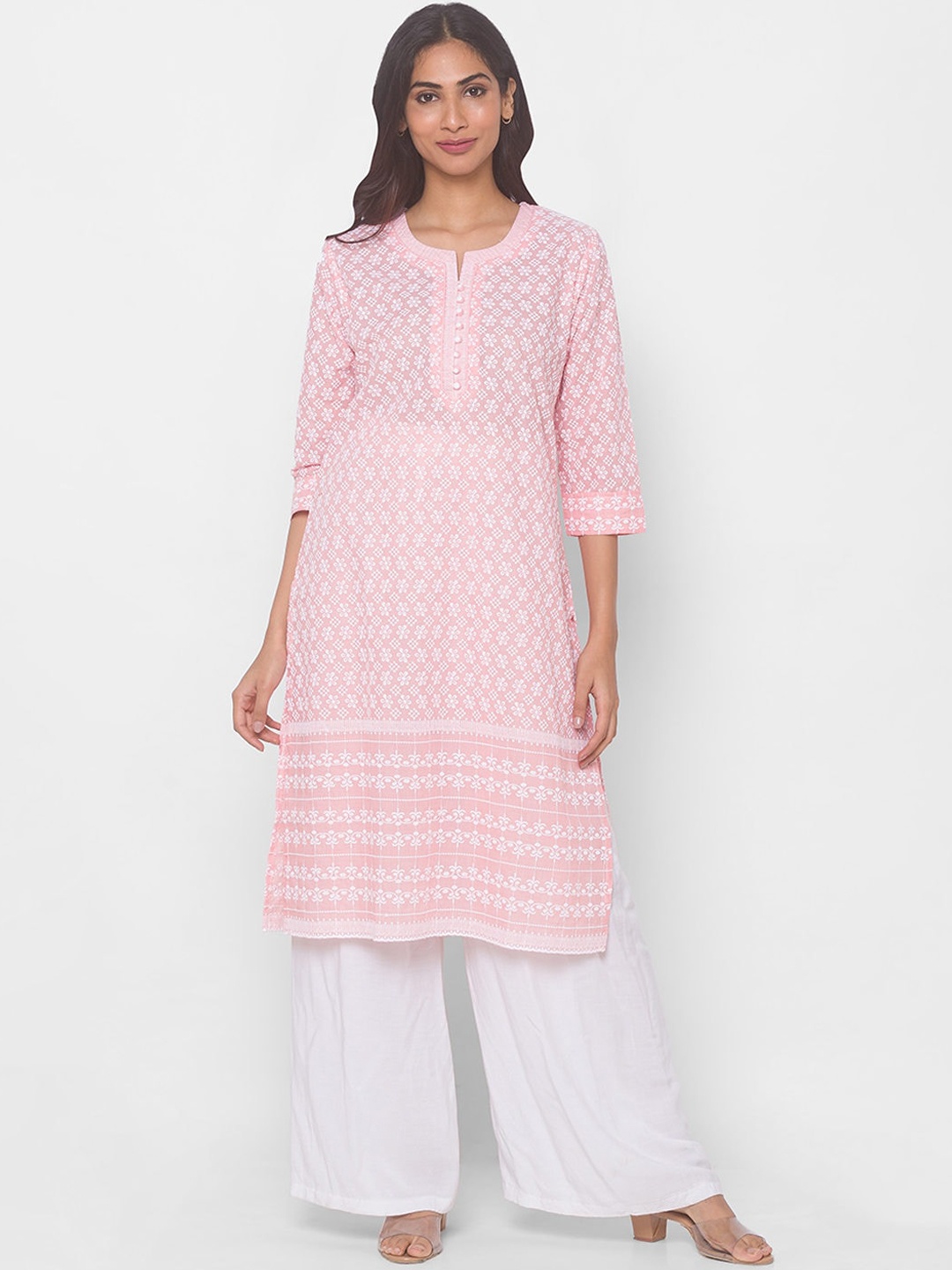 

ZOLA Women Peach Ethnic Motifs Embroidered Chikankari Cotton Kurta