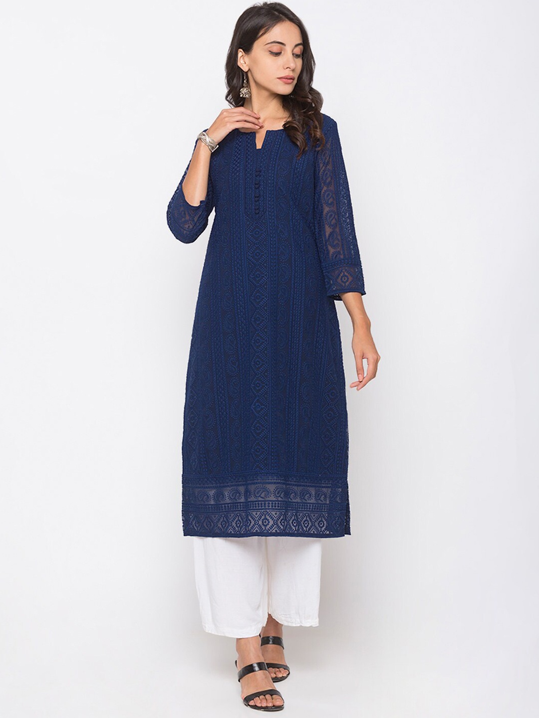 

ZOLA Woman Navy Blue Ethnic Motifs Embroidered Chikankari Georgette Kurta