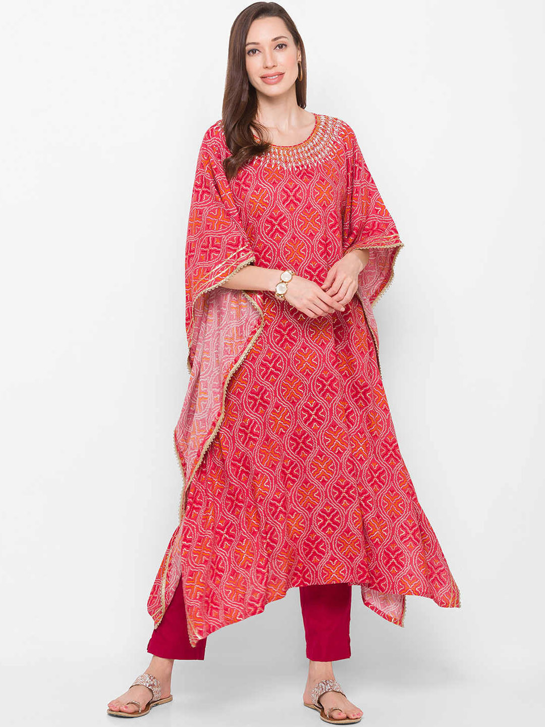 

ZOLA Women Coral Bandhani Printed & Pearl Embellished Kaftan Kurta