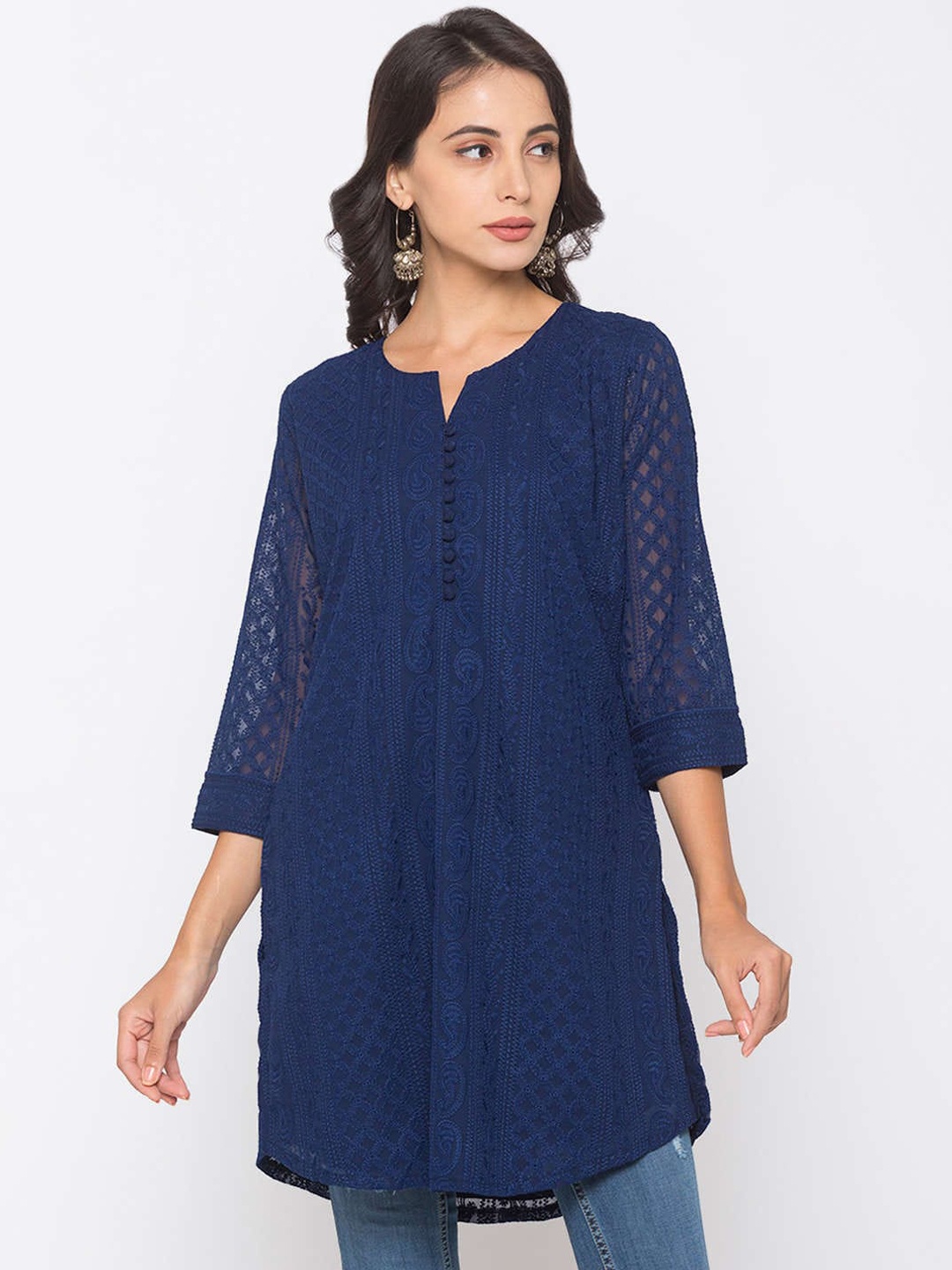 

ZOLA Ethnic Motifs Embroidered Chikankari Pure Georgette Kurti, Navy blue