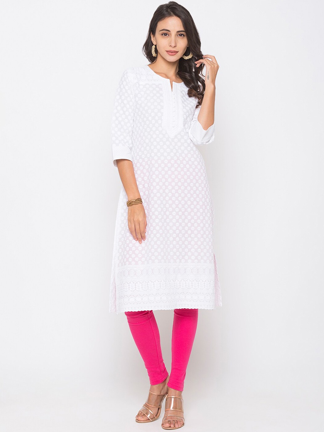 

ZOLA Women White Embroidered Keyhole Neck Lightweight Cotton Kurta