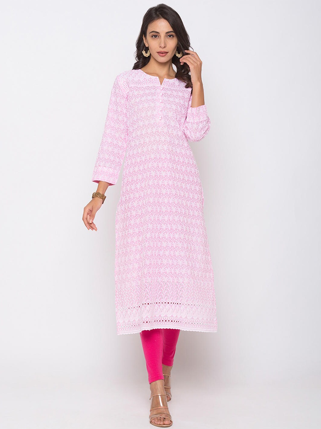 

ZOLA Women Pink & White Floral Keyhole Neck Chikankari Hand Embroidered Straight Kurta