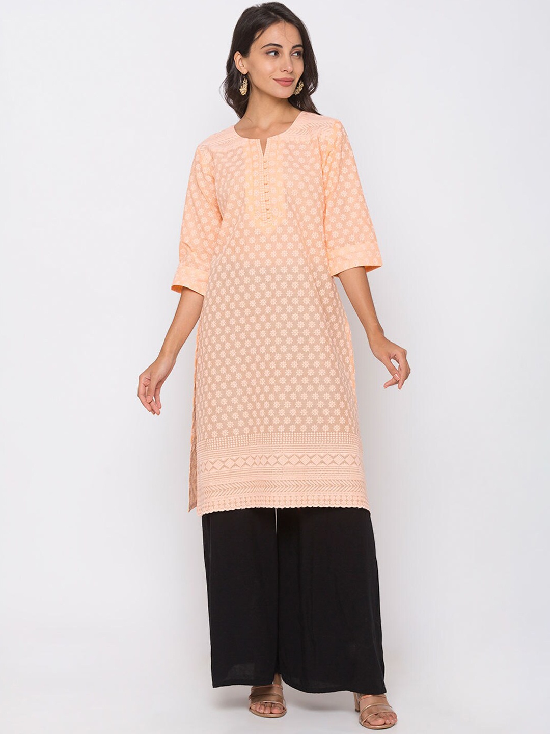 

ZOLA Women Peach-Coloured Cotton Chikankari Kurta