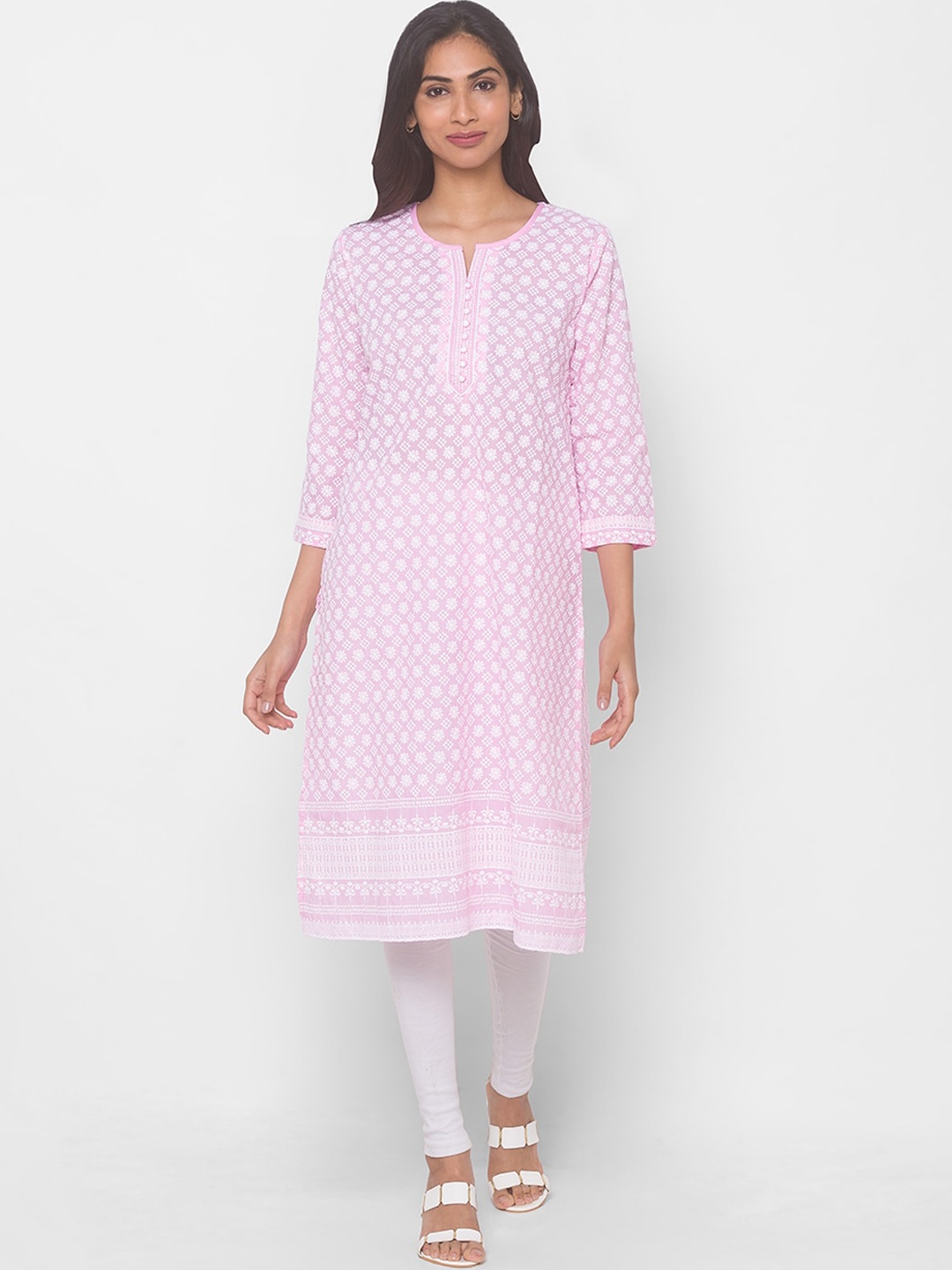 

ZOLA Women Pink Cotton Ethnic Motifs Embroidered Chikankari Kurta