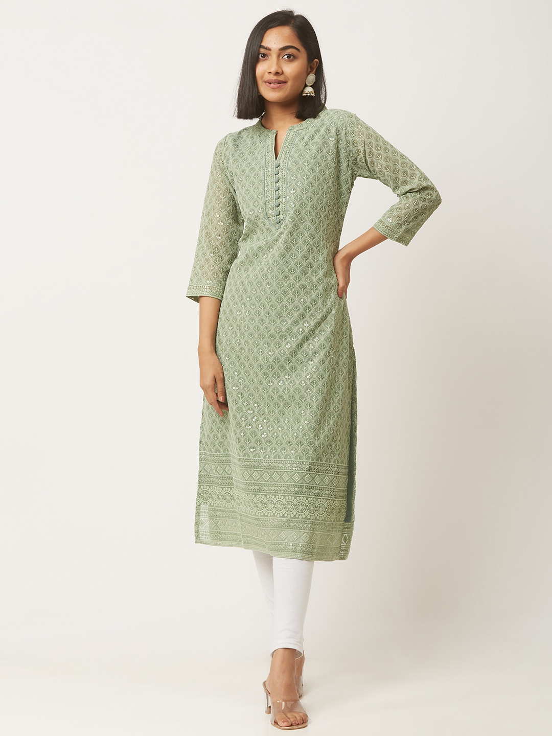 

ZOLA Women Green Geometric Printed Chikankari Georgette Lightweight Kurta