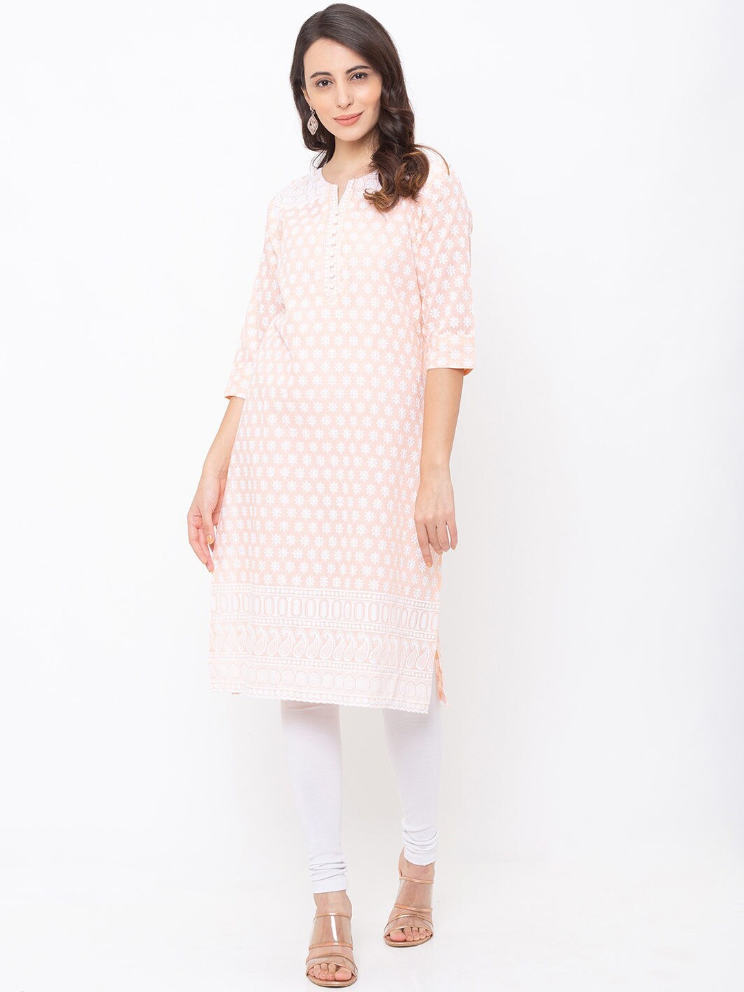 

ZOLA Women Peach Ethnic Motifs Embroidered Chikankari Regular Fit Cotton Kurta