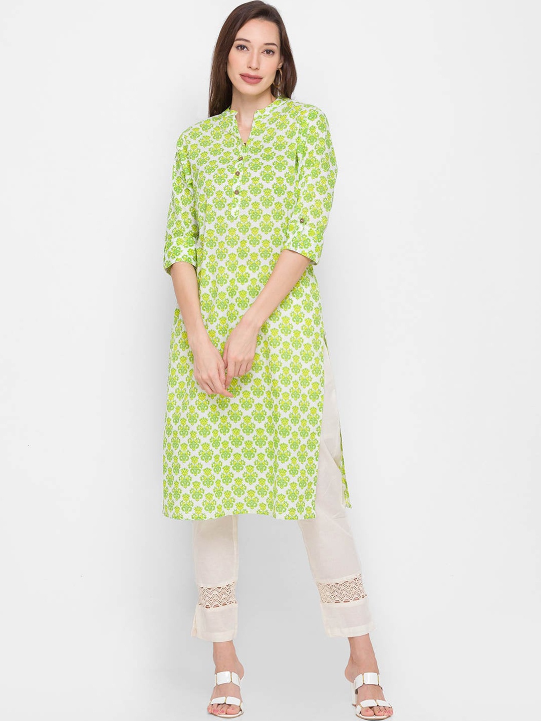 

ZOLA Women White & Green Floral Printed Kurta