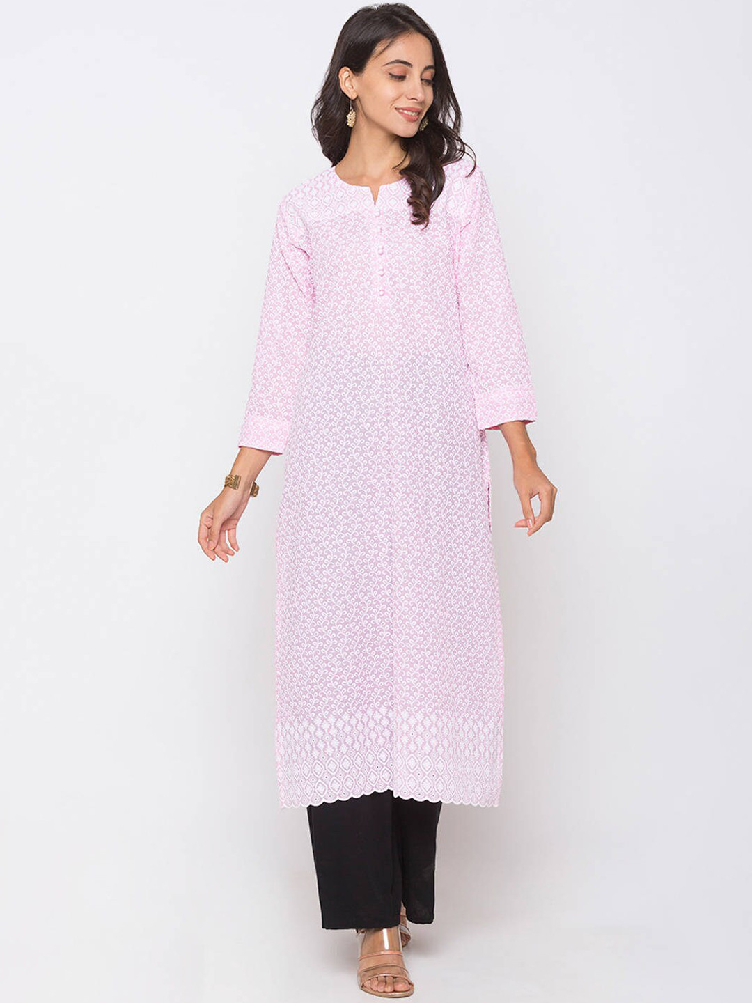 

ZOLA Women Pink & White Ethnic Motifs Embroidered Chikankari Straight Kurta