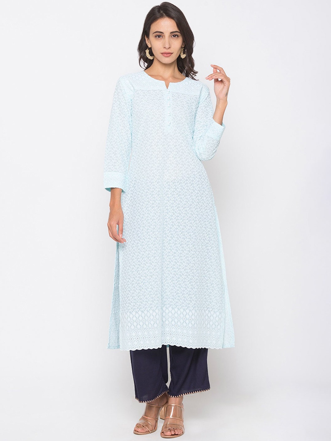 

ZOLA Women Blue Geometric Embroidered Chikankari Kurta