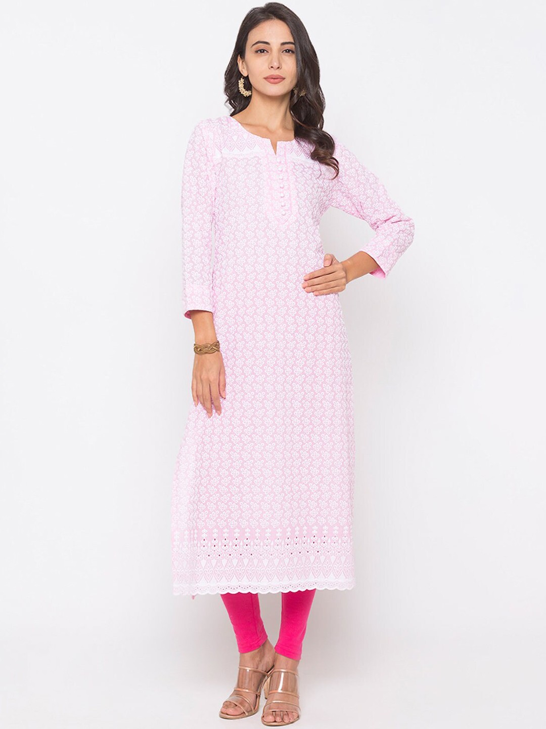 

ZOLA Women Pink Geometric Embroidered Keyhole Neck Chikankari Anarkali Kurta
