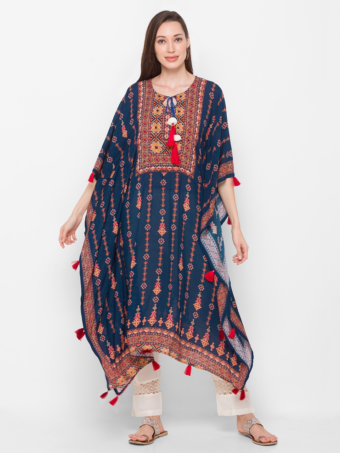 

ZOLA Women Blue Striped Keyhole Neck Flared Sleeves Kaftan Kurta