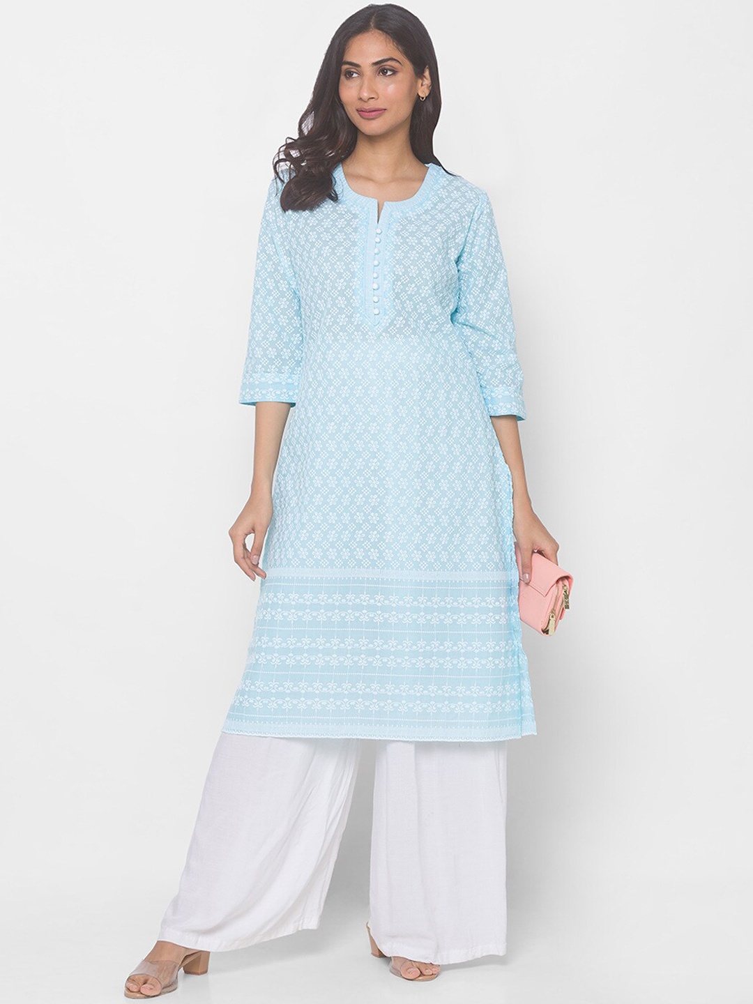 

ZOLA Women Turquoise Blue Printed Chikankari Kurta