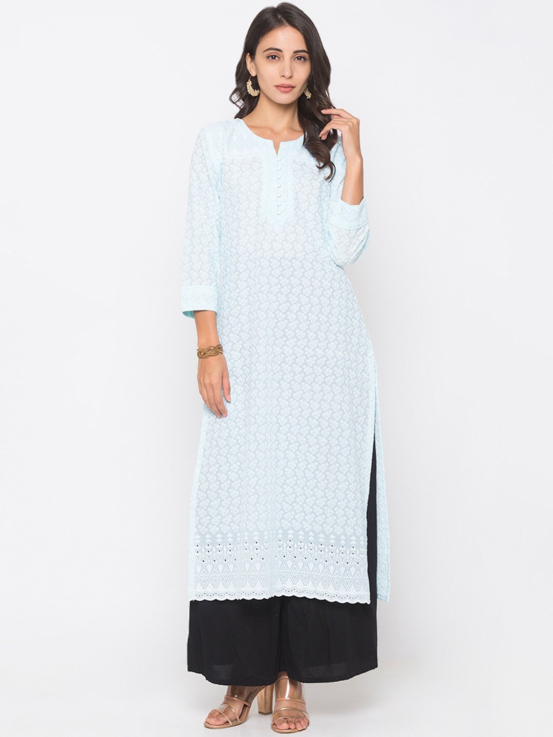 

ZOLA Women Blue Embroidered Keyhole Neck Flared Sleeves Chikankari Kurta