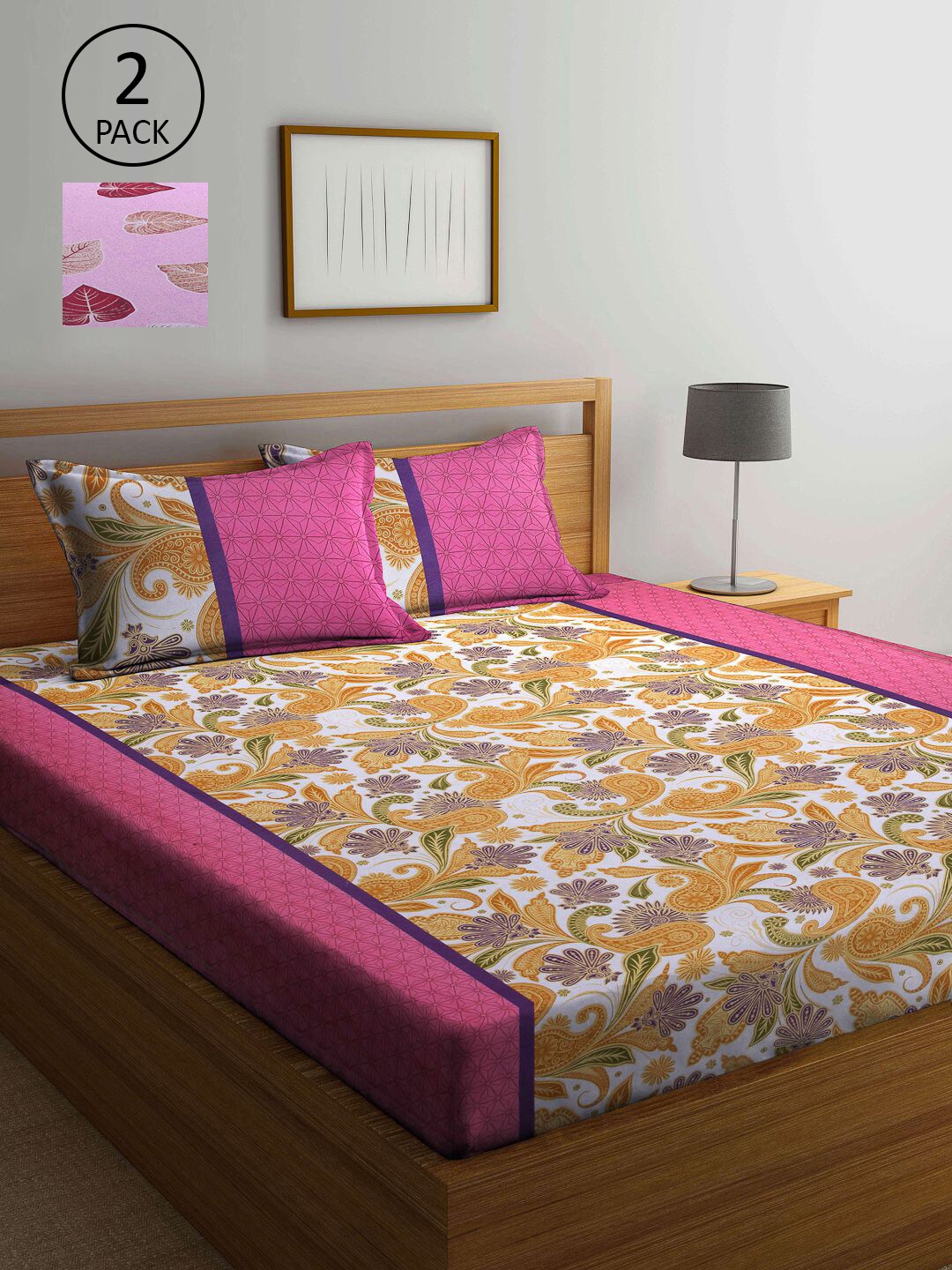 

KLOTTHE Pink & Yellow Printed 210 TC Set of 2 Queen Bedsheet with 4 Pillow Covers