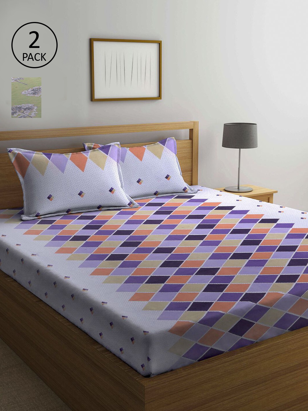 

KLOTTHE Purple & Yellow Geometric 210 TC 2 Queen Bedsheet with 4 Pillow Covers