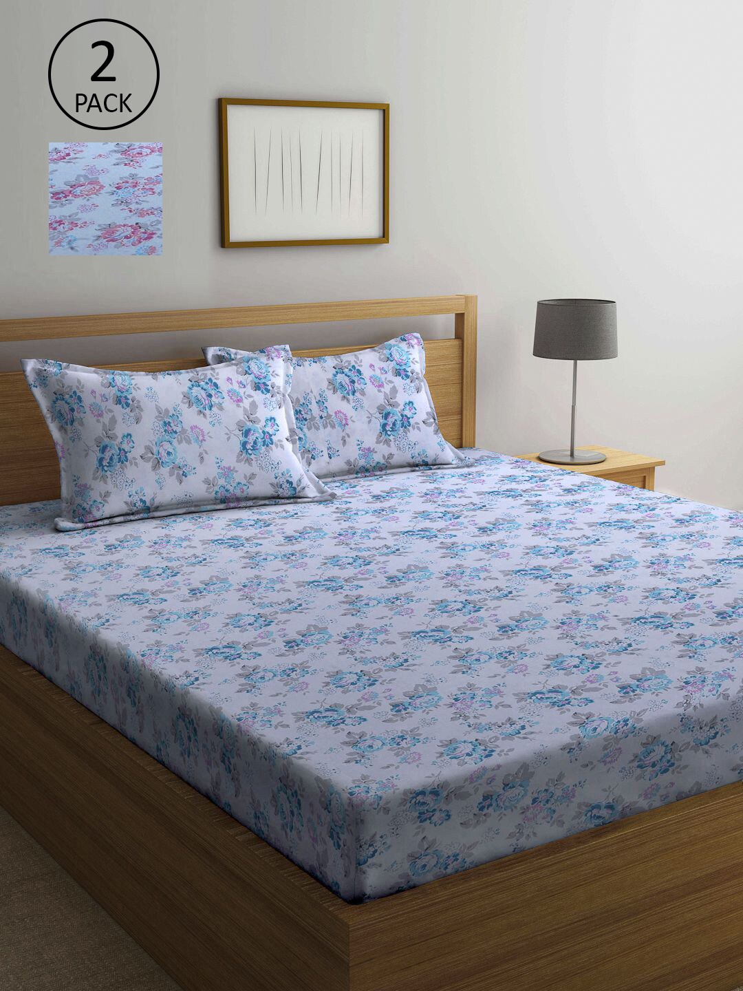 

KLOTTHE Blue & Pink Floral 210 TC 2 Queen Bedsheet with 4 Pillow Covers