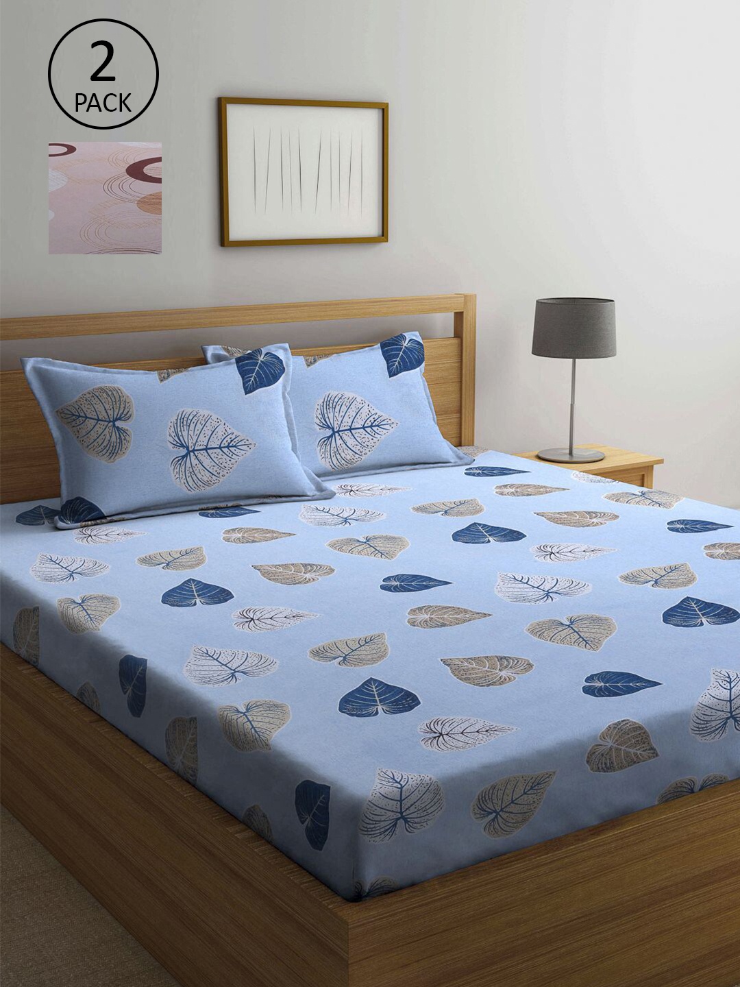 

KLOTTHE Blue & Peach-Coloured Floral 210 TC 2 Queen Bedsheet with 4 Pillow Covers