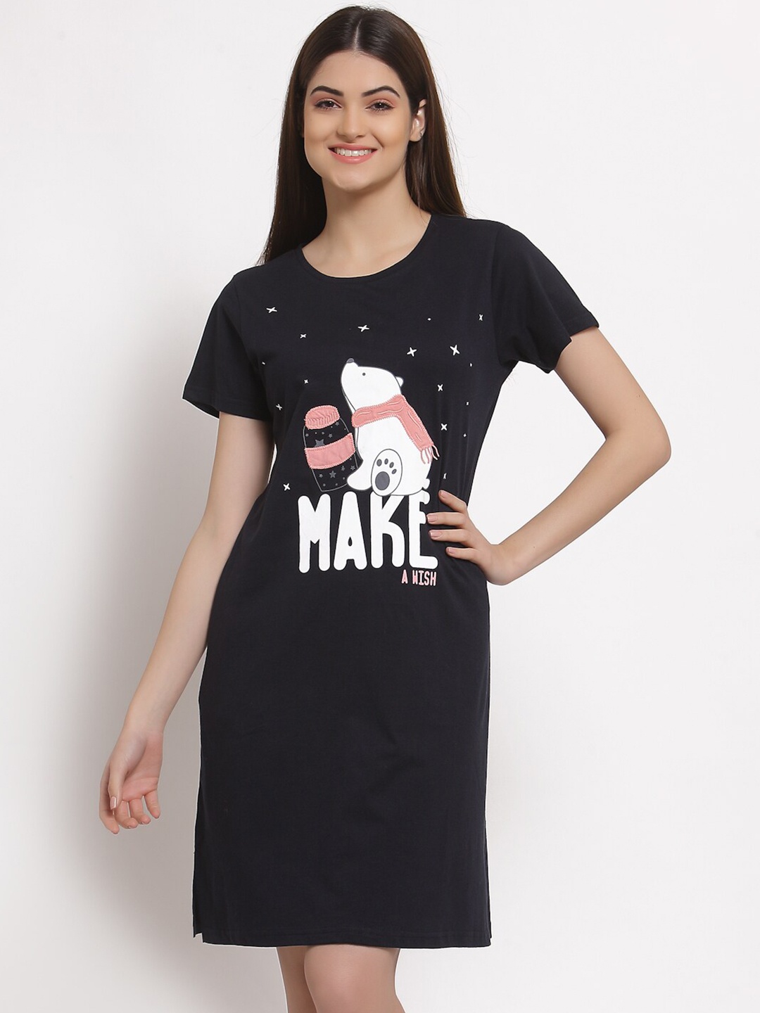 

Sweet Dreams Navy Blue & White Printed Nightdress