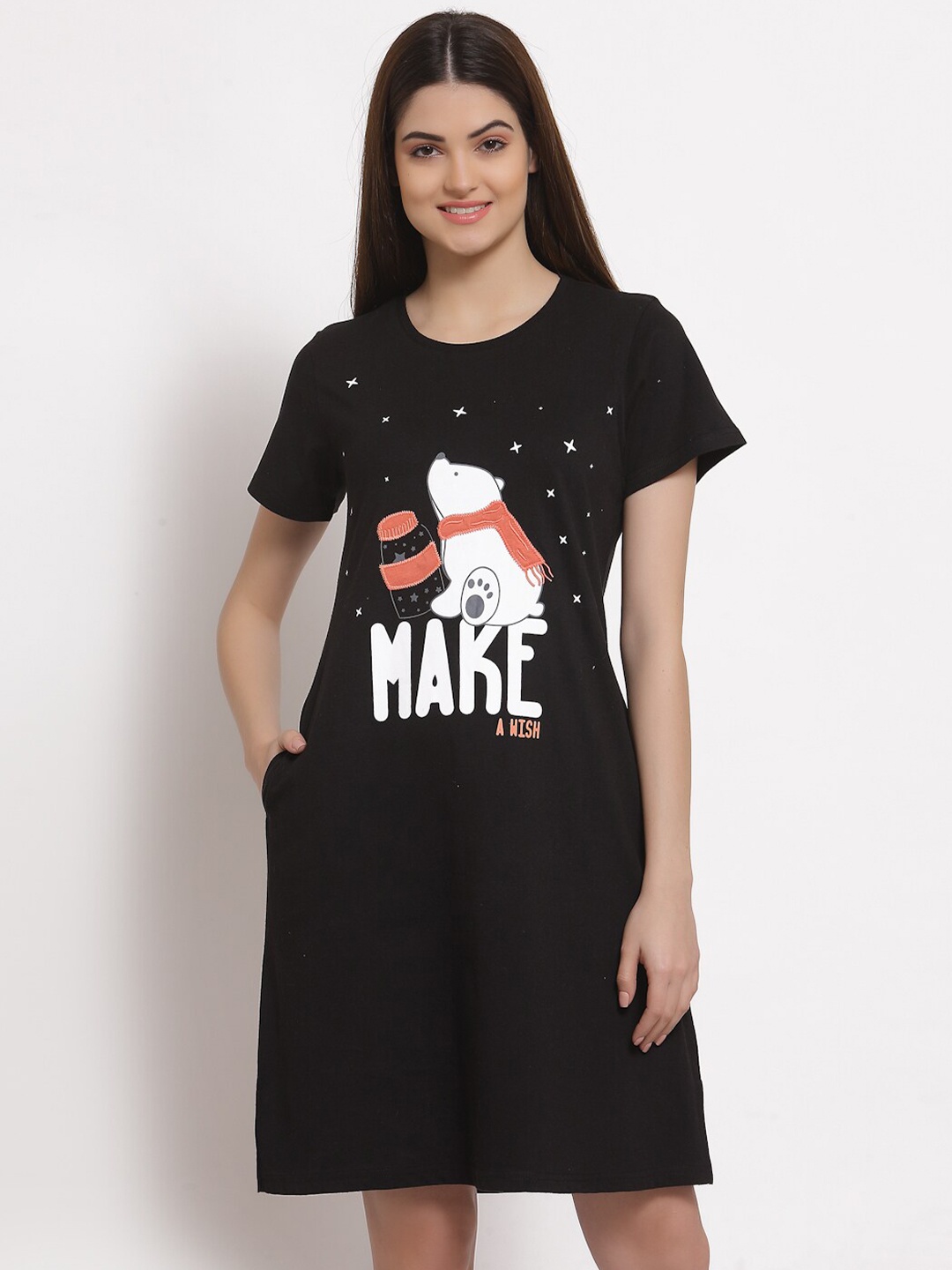 

Sweet Dreams Women Black Printed T Shirt Nightdress