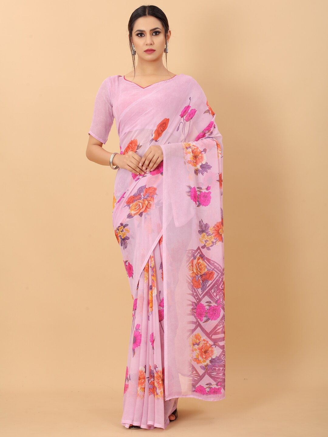 

PERFECTBLUE Pink & Orange Floral Saree