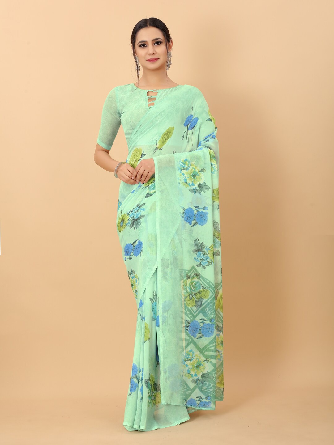 

PERFECTBLUE Lime Green & Blue Floral Saree