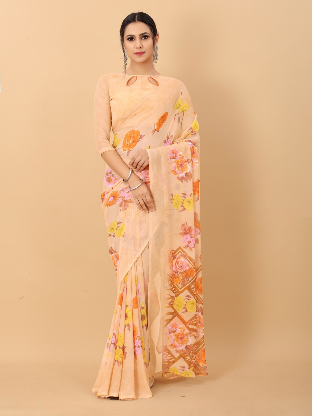 

PERFECTBLUE Orange & Pink Floral Saree