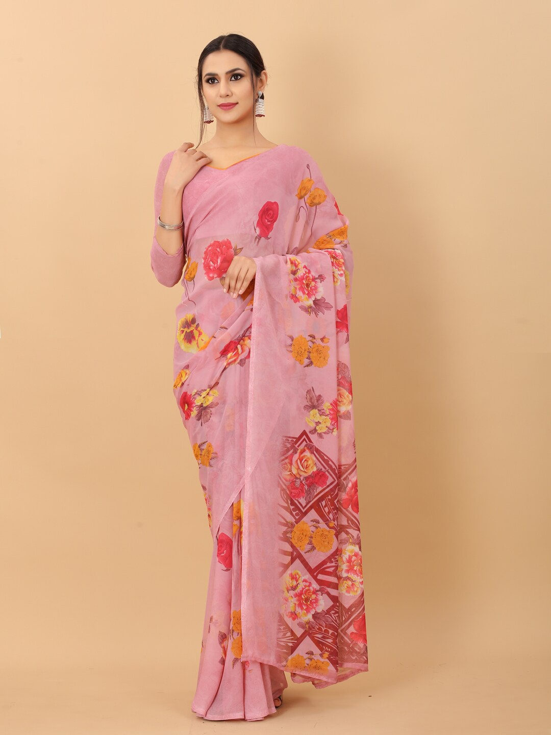 

PERFECTBLUE Pink & Yellow Floral Saree