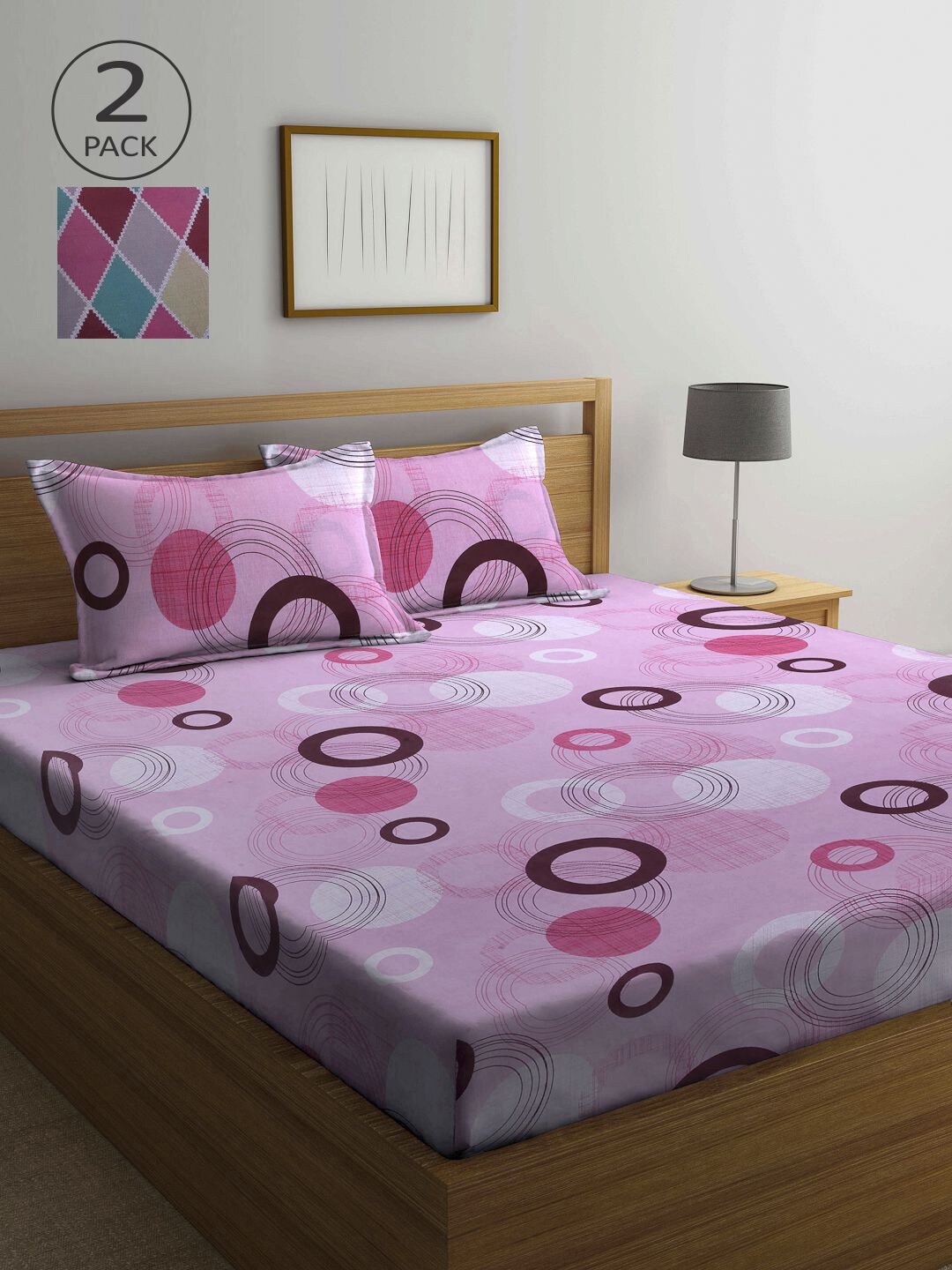 

KLOTTHE Pink & Grey Geometric 210 TC Pure Cotton 2 Queen Bedsheets with 4 Pillow Covers