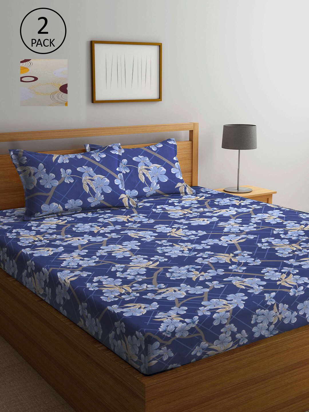 

KLOTTHE Set Of 2 Yellow & Blue Floral 210 TC Queen Bedsheet with 4 Pillow Covers