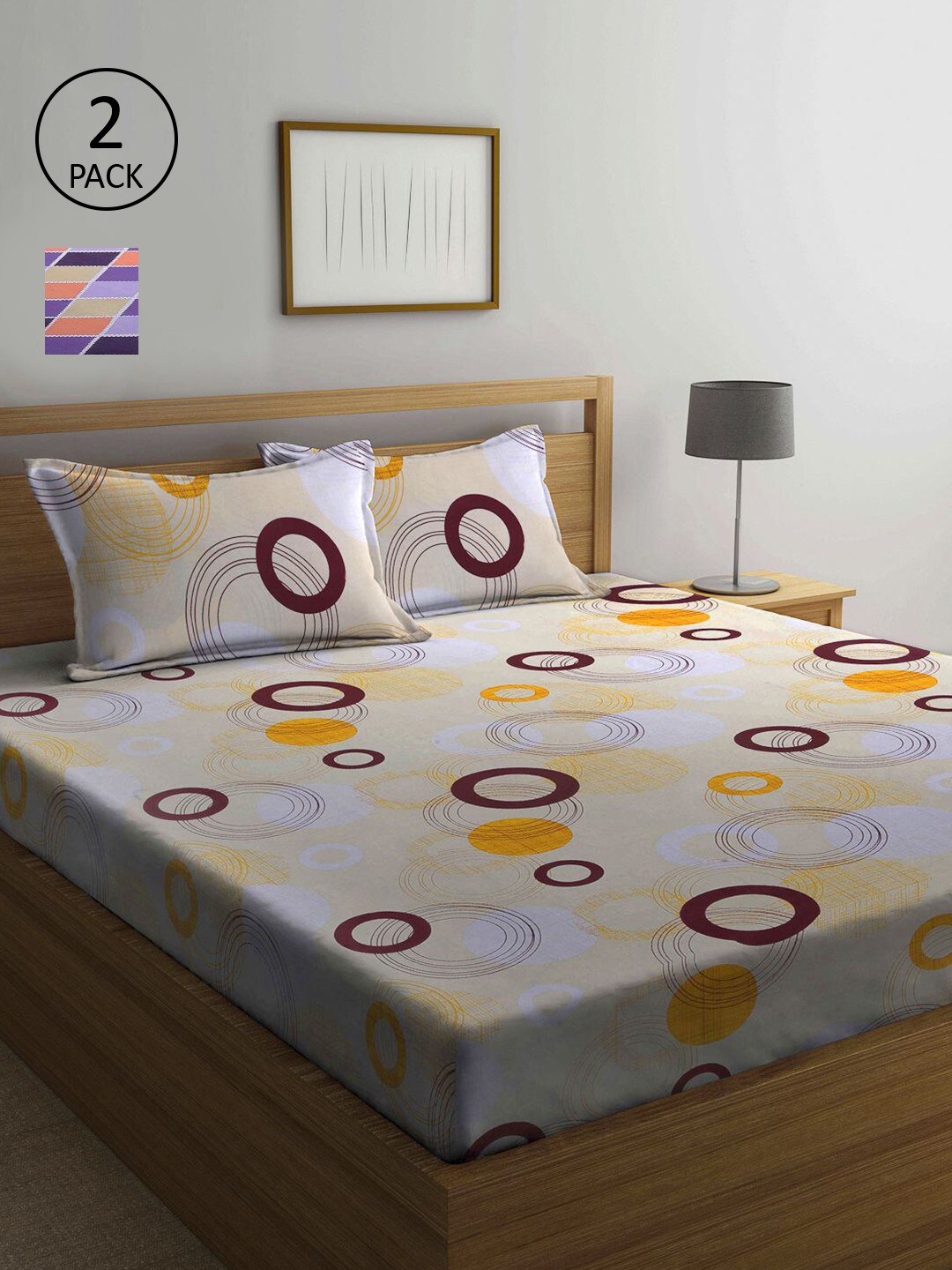 

KLOTTHE Purple & Beige Geometric Pure Cotton 210 TC 2 Queen Bedsheet with 4 Pillow Covers