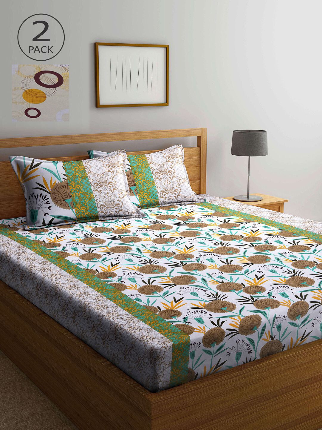 

KLOTTHE Yellow & White Floral 210 TC Pure Cotton 2 Queen Bedsheets with 4 Pillow Covers