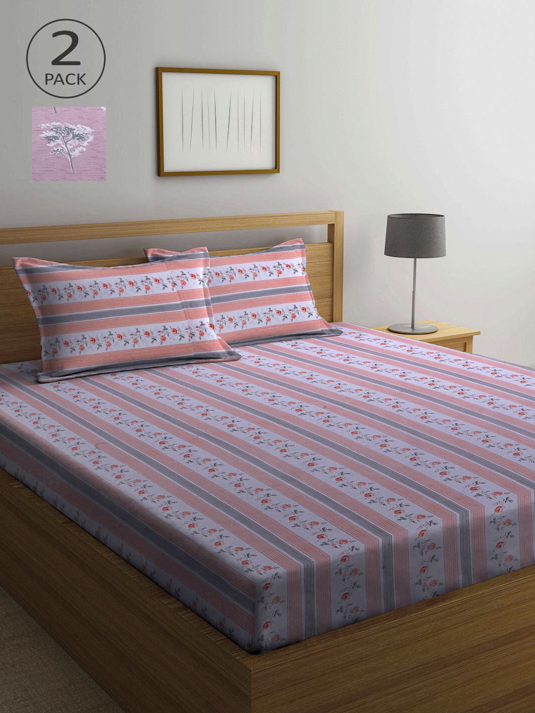 

KLOTTHE Pack Of 2 Printed 210 TC Pure Cotton Queen Bedsheet with 4 Pillow Covers, Peach