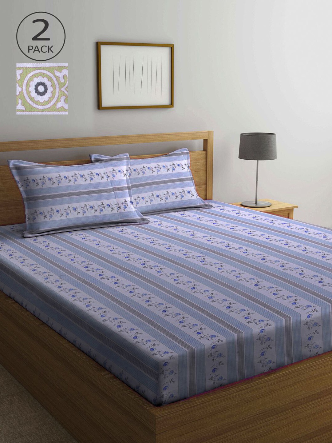 

KLOTTHE Green & Blue Floral 210 TC 2 Queen Bedsheet with 4 Pillow Covers