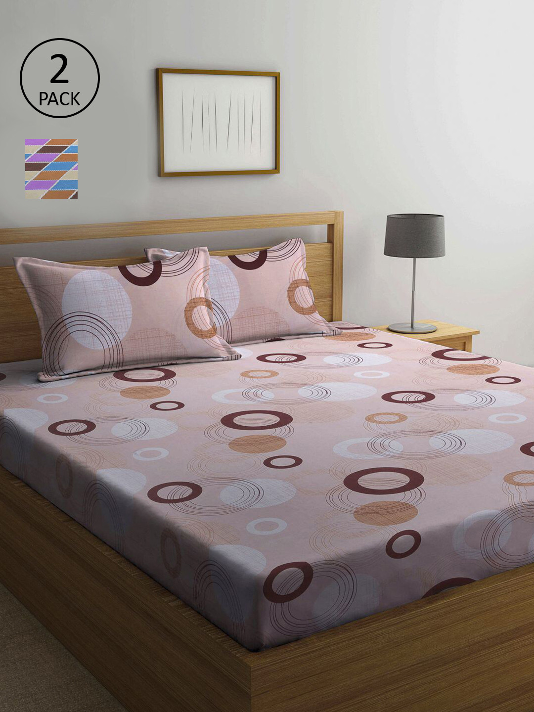 

KLOTTHE Set Of 2 Peach & Blue Geometric 210 TC Queen Bedsheet with 4 Pillow Covers