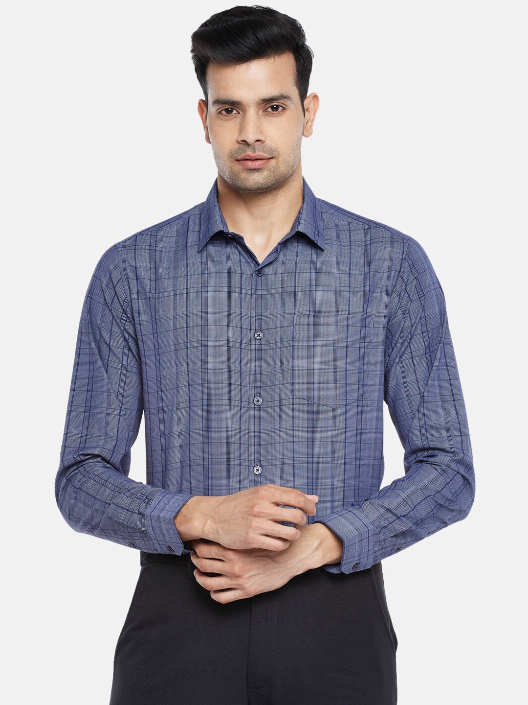 

BYFORD by Pantaloons Men Navy Blue Slim Fit Checked Formal Shirt