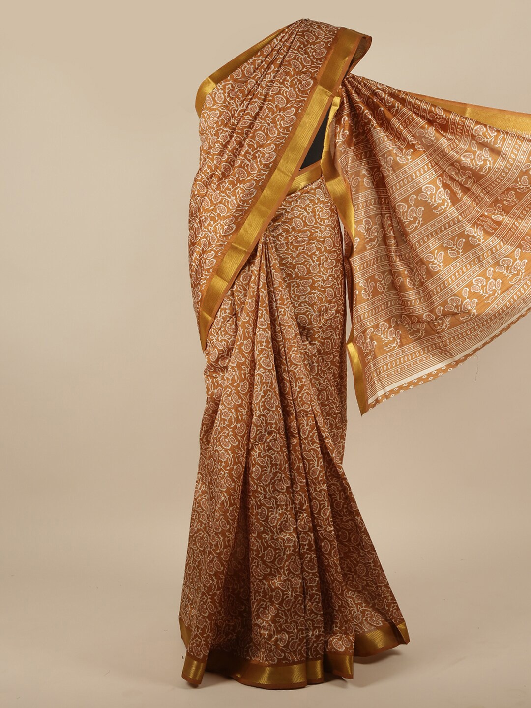 

Pothys Mustard & Gold-Toned Floral Printed Zari Saree