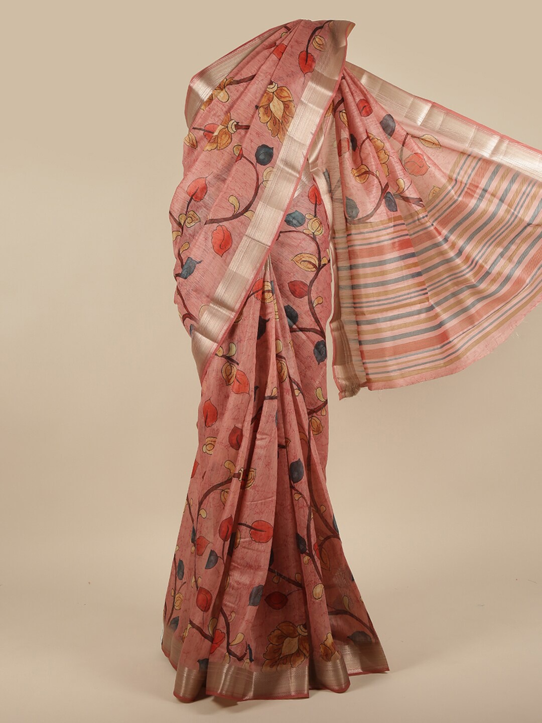 

Pothys Pink & Blue Floral Printed Zari Jute Silk Saree