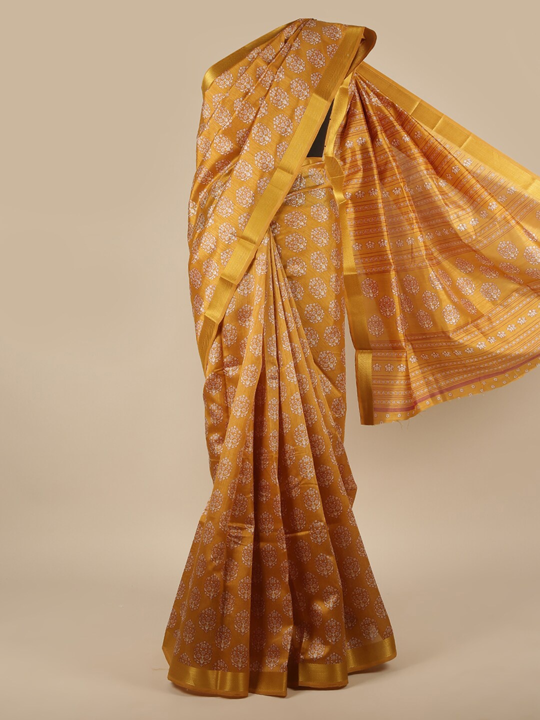 

Pothys Mustard & Cream-Coloured Floral Printed Zari Saree