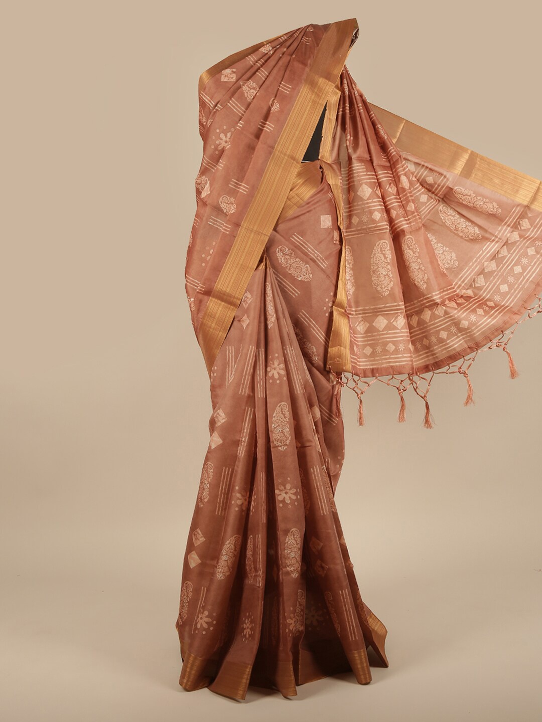 

Pothys Brown & Gold-Toned Ethnic Motifs Printed Zari Jute Silk Saree