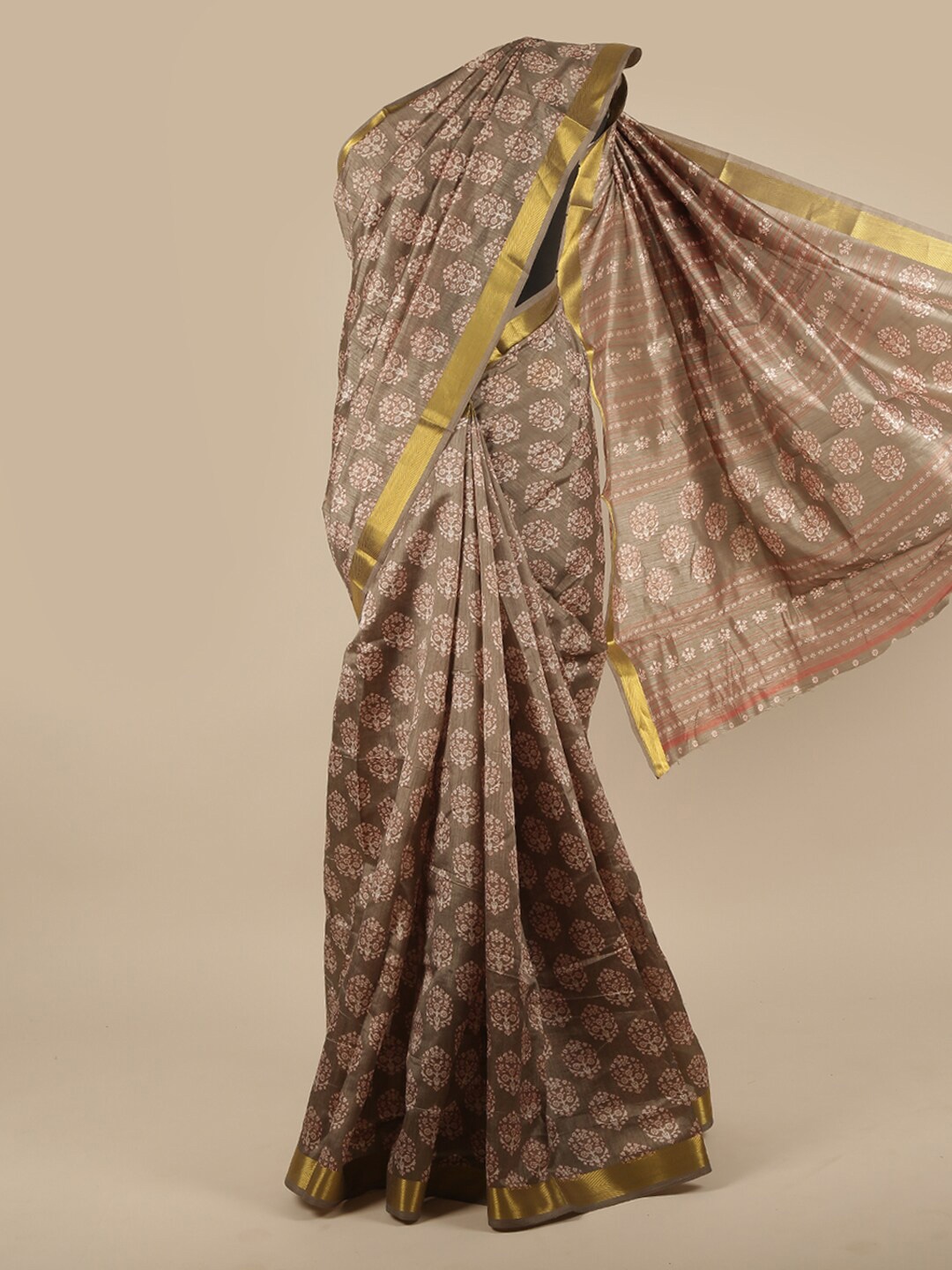 

Pothys Grey & Gold-Toned Floral Printed Zari Saree