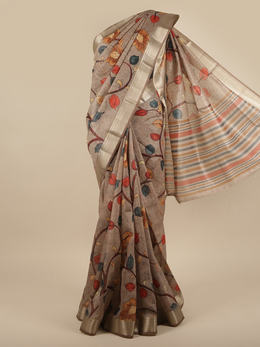 

Pothys Grey & Orange Floral Printed Zari Jute Silk Saree