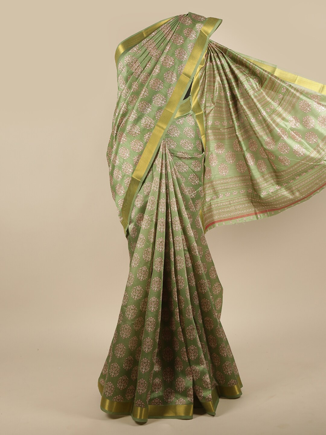 

Pothys Green & Gold-Toned Floral Printed Zari Saree