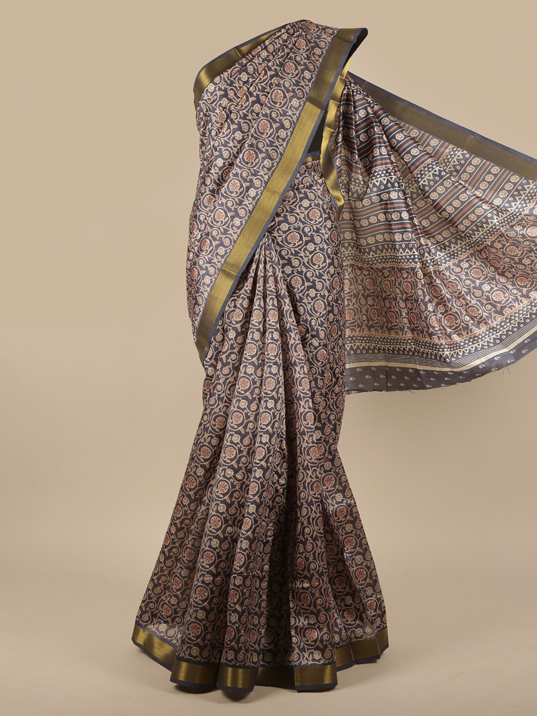 

Pothys Blue & Gold-Toned Ethnic Motifs Zari Saree