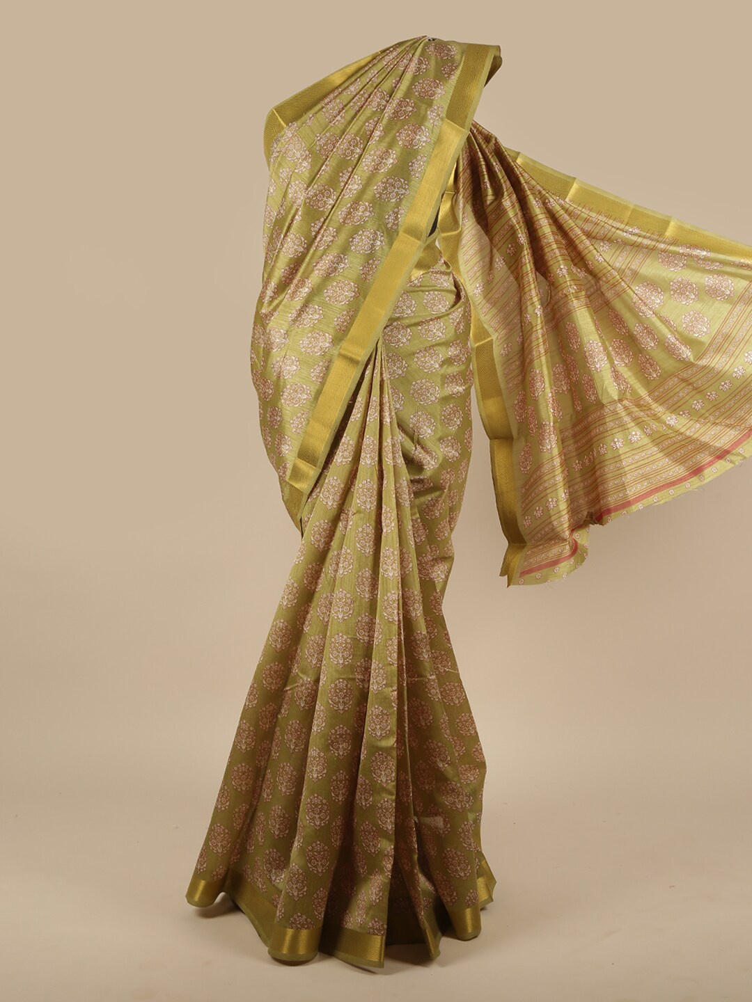 

Pothys Green & Gold-Toned Floral Printed Zari Saree