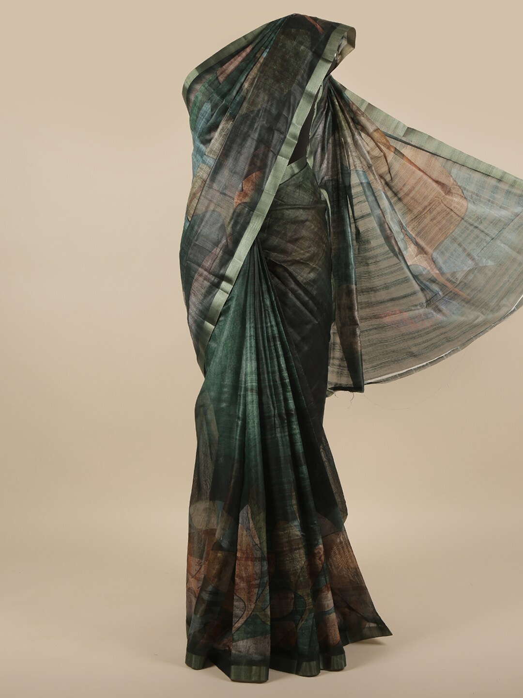 

Pothys Green & Silver-Toned Printed Zari Jute Silk Saree