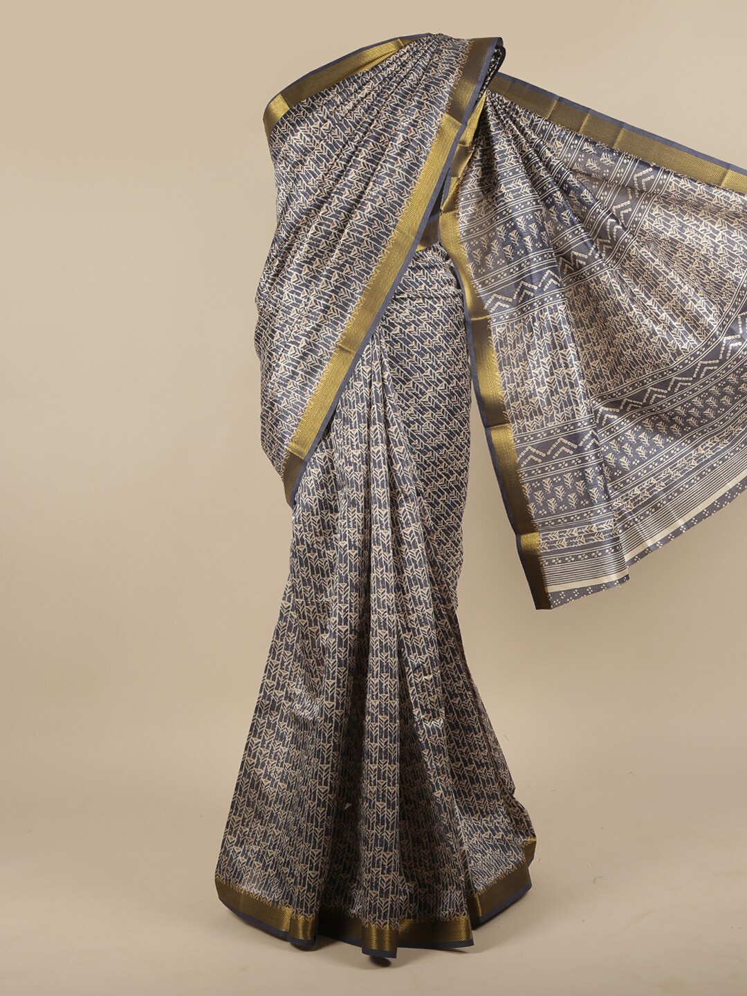 

Pothys Blue & Gold-Toned Zari Cotton Blend Saree