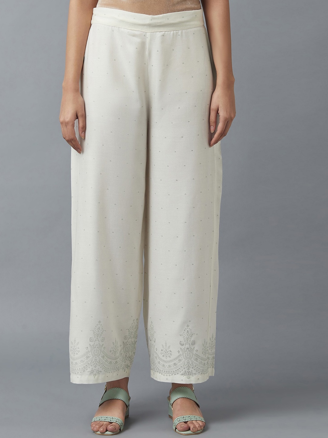

W Women White Floral Printed Parallel Fit Trousers