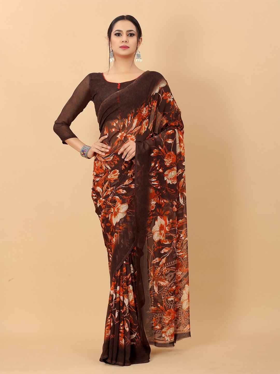 

PERFECTBLUE Brown Floral Printed Georgette Saree