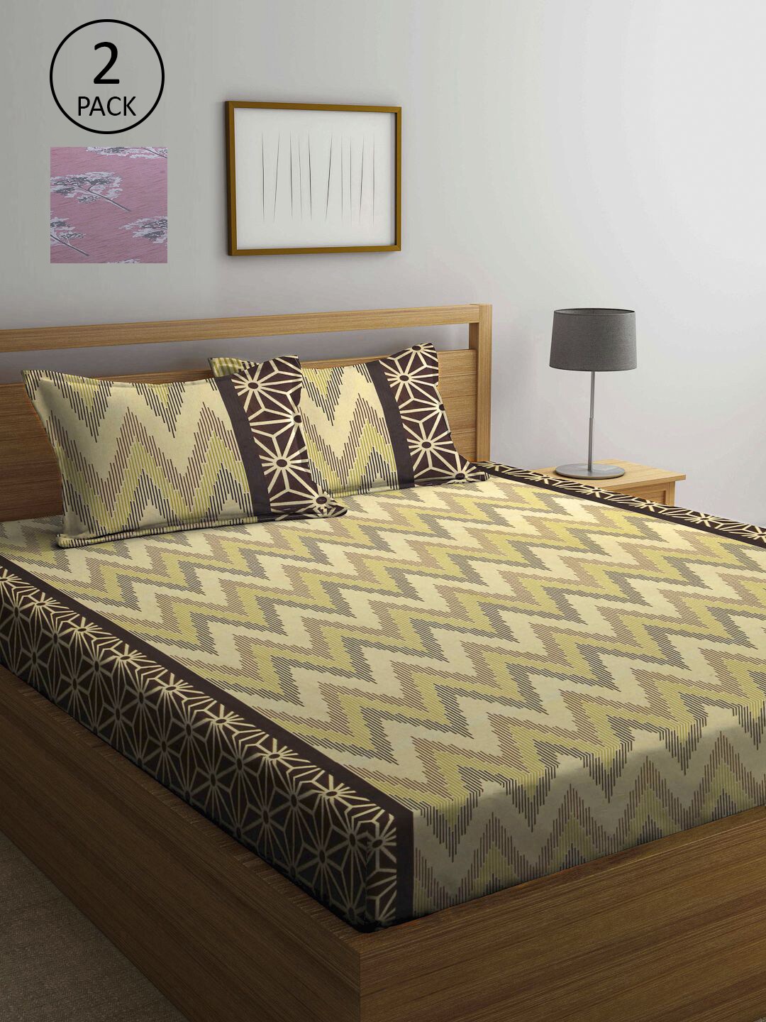 

KLOTTHE Beige & Pink Geometric 210 TC Pure Cotton 2 Queen Bedsheets with 4 Pillow Covers