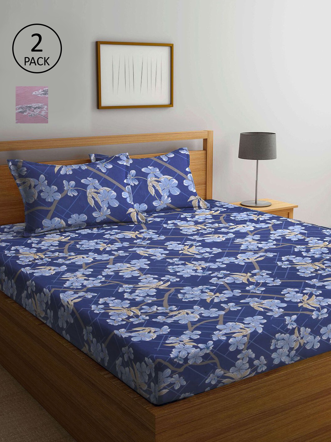 

KLOTTHE Set Of 2 Pink & Blue Floral 210 TC Queen Bedsheet with 4 Pillow Covers